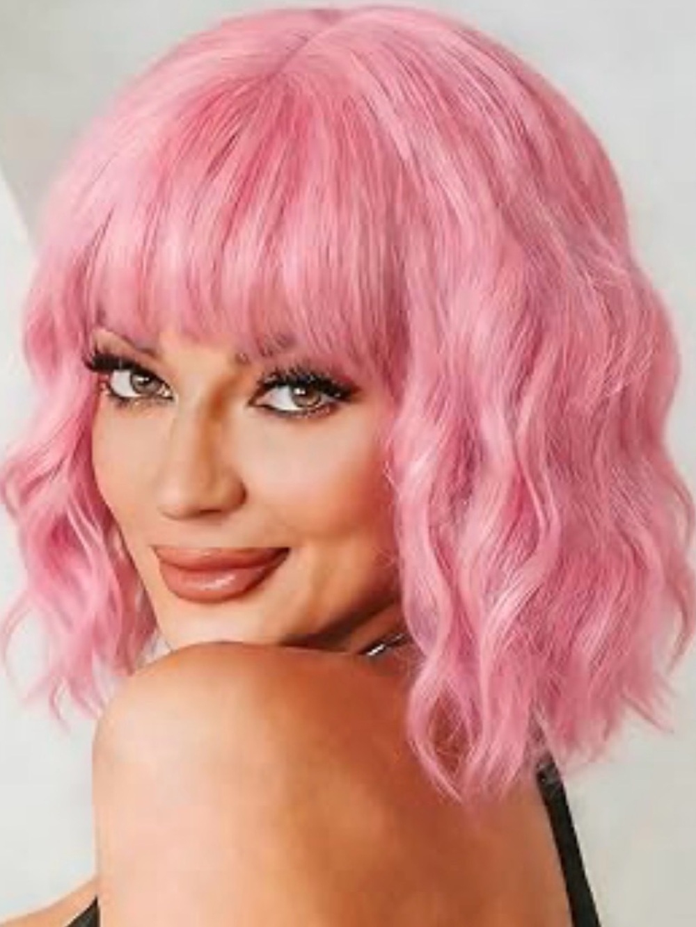 Pink Short Wavy Wig with Bangs - Women Hair